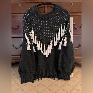 Wildfox navy blue crew neck long sleeve sweater with white tassels S